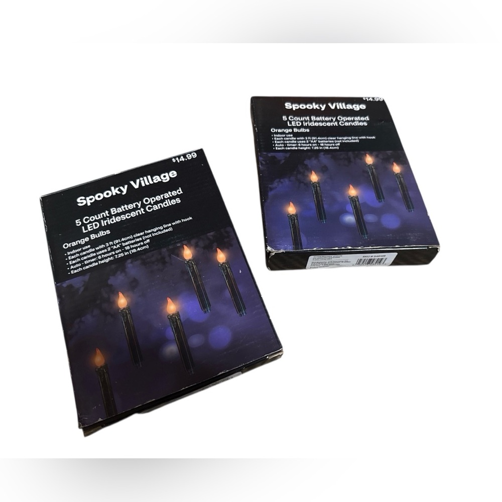 NIB Pair Spooky Village 5 Count Battery Operated LED Iridescent Candles Orange